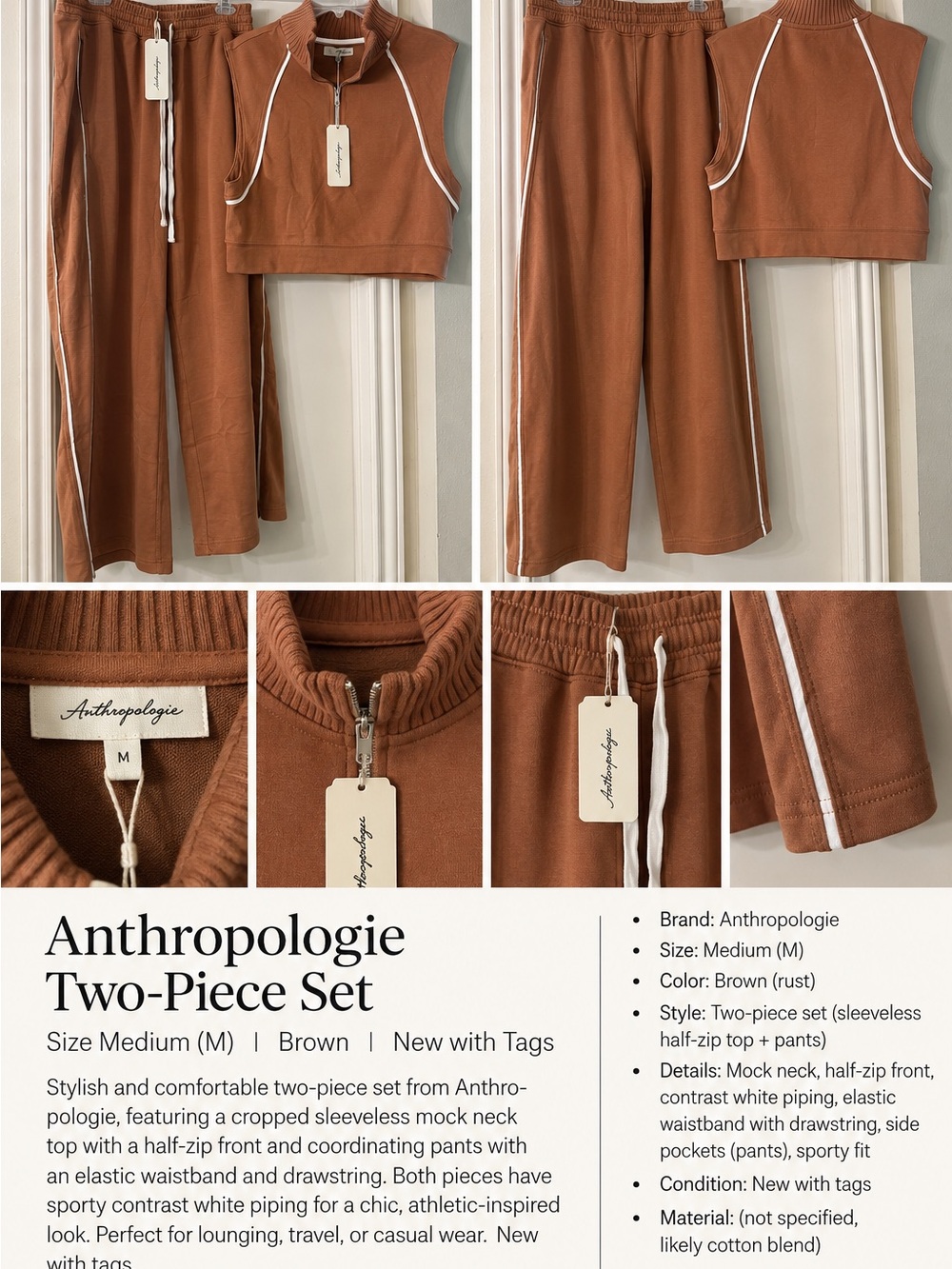Anthropologie Rust Brown Cropped Mock-Neck Two-Piece Set